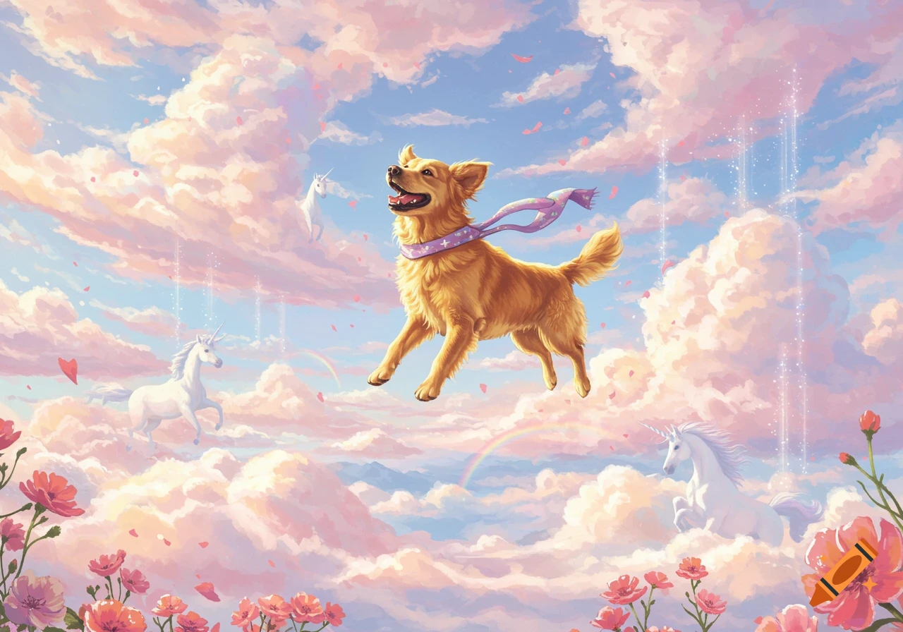 A golden retriever dog with a purple scarf flies in a magical sky with white unicorns, pink clouds, flowers, and sparkling trails.