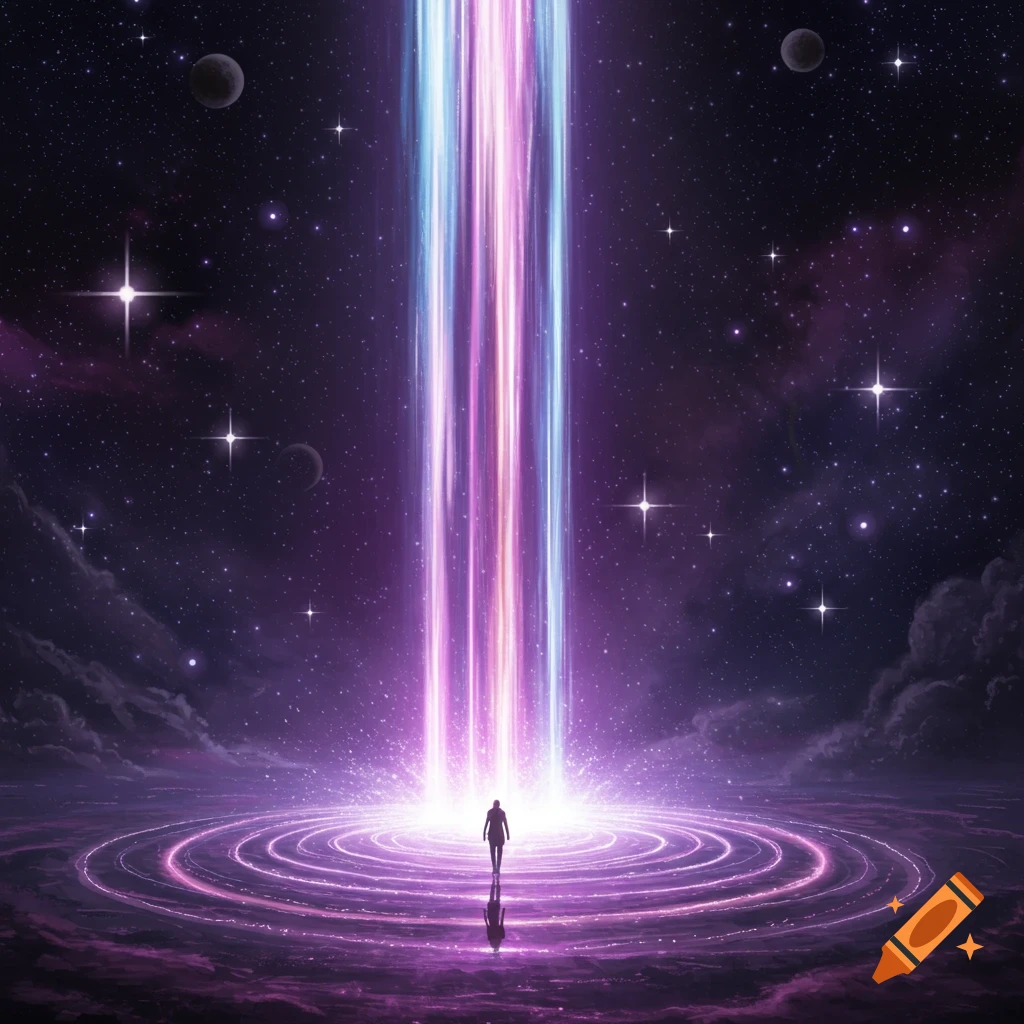 A figure stands in a cosmic landscape with glowing purple and blue light beams reaching into a starry sky, with radiating ripples of light on the ground.