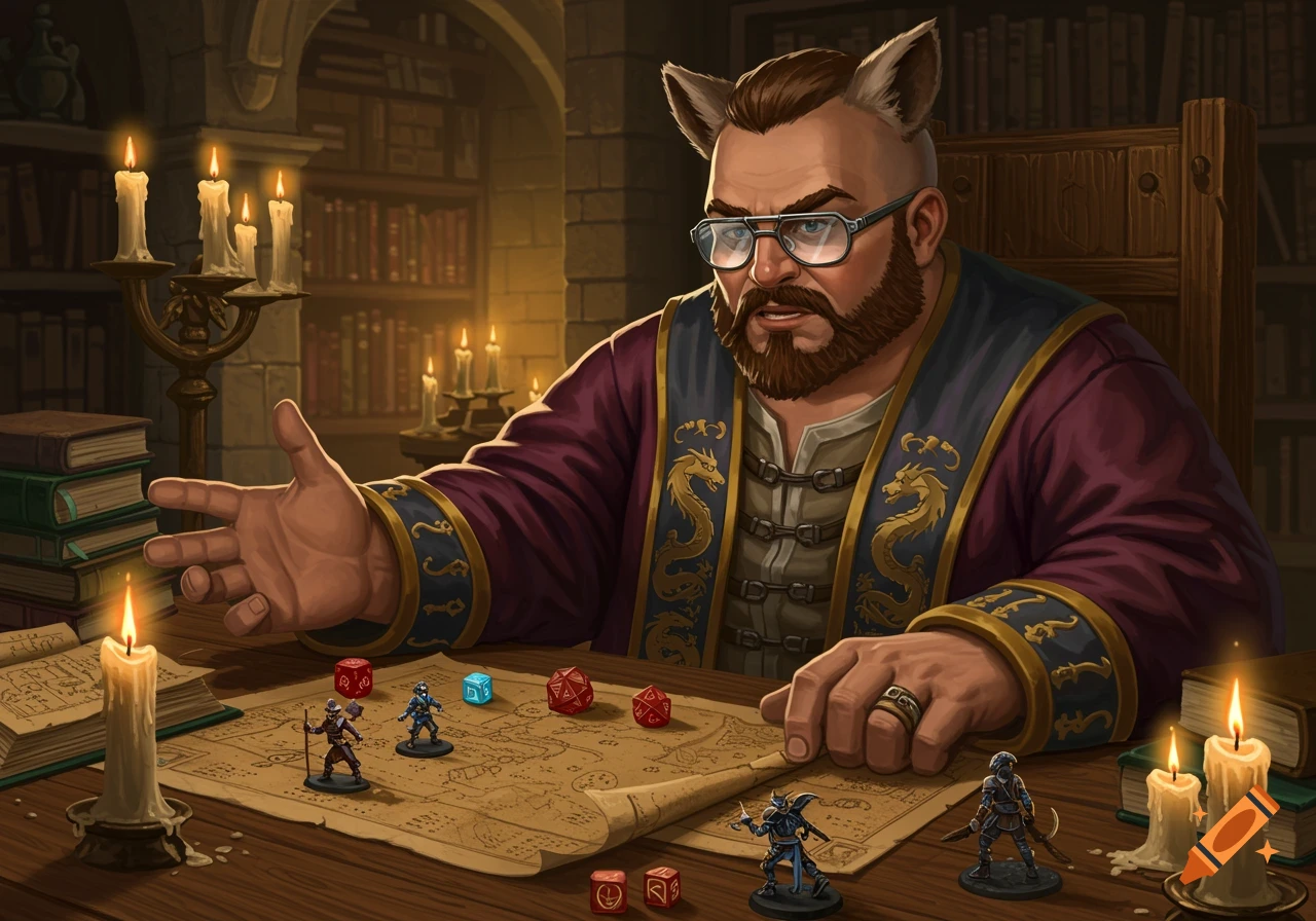 A heavy-set man with a beard, glasses, and cat ears, dressed in a purple robe, plays a tabletop RPG at a candlelit table with miniatures and dice on a map.