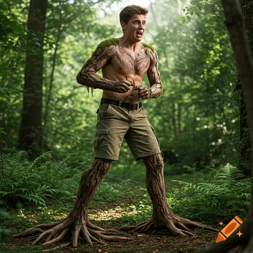 Photorealistic image of a young man with tree roots for feet and bark on his body, picking at his arm with a distressed expression in a forest.