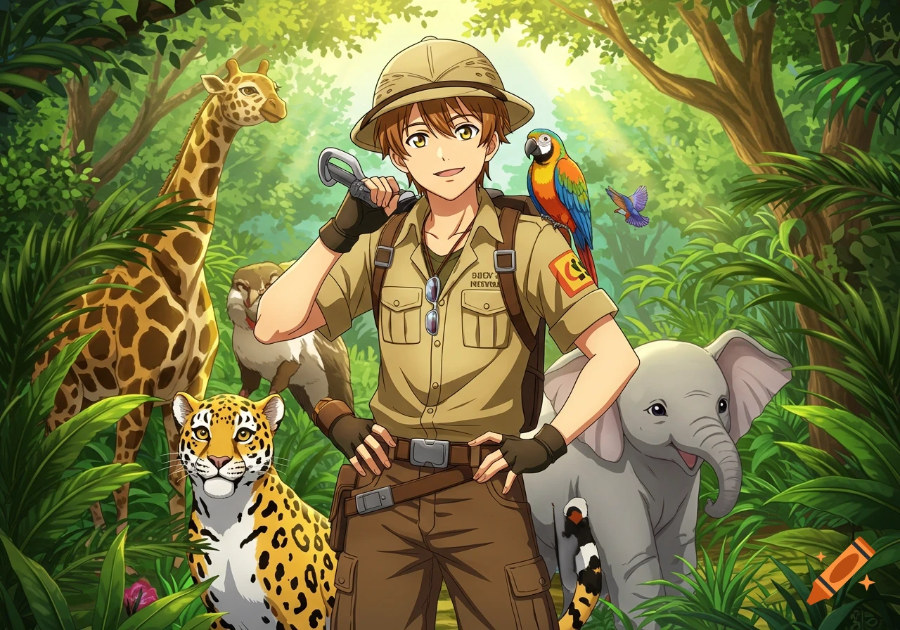 An anime zookeeper wearing a pith helmet and khaki uniform stands in a lush jungle with a giraffe, jaguar, elephant, and colorful parrot.