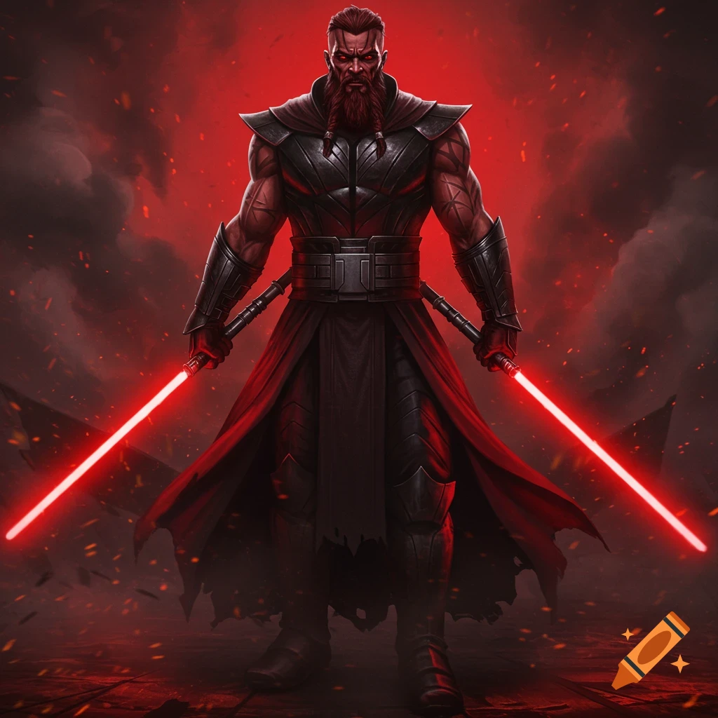 A muscular, bearded male character in black armor and red robes holds two red lightsabers against a fiery, smoky red background.