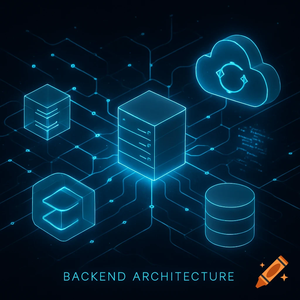Blue glowing isometric icons representing backend architecture with servers, cloud, database, and network lines on a dark background.