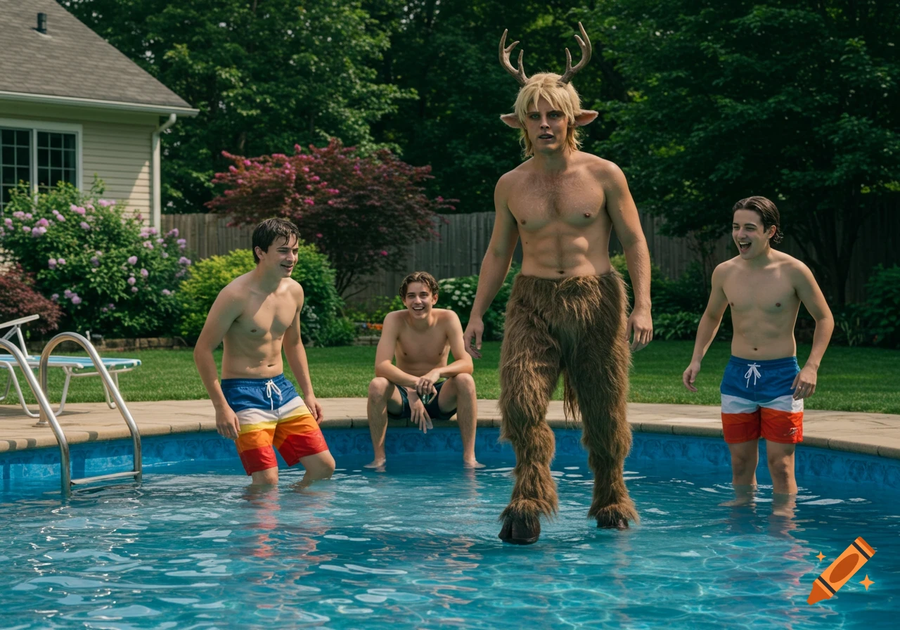 A blond satyr with antlers and three teenage friends in swim trunks stand in a backyard swimming pool.