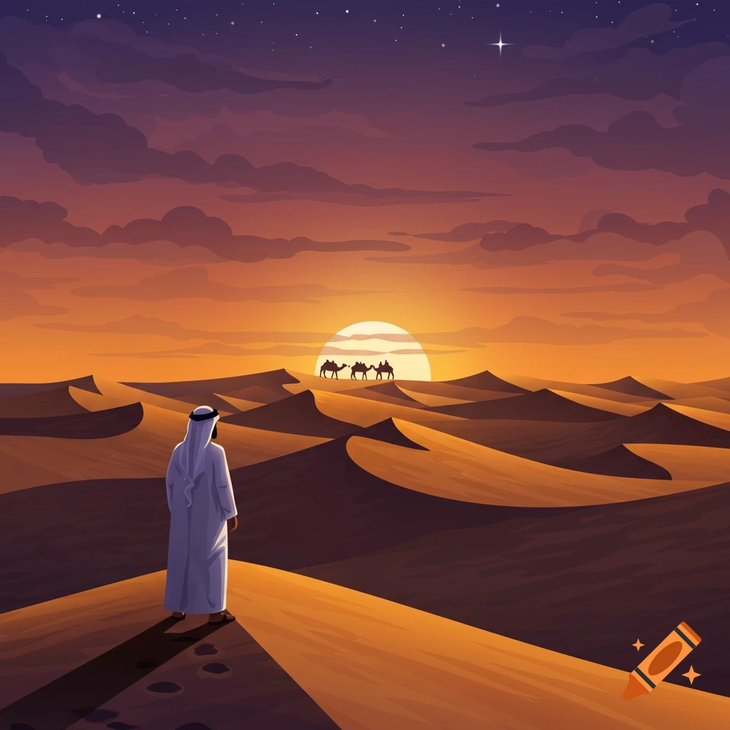 Stylized illustration of a man in traditional attire looking at a caravan of camels silhouetted against a desert sunset.