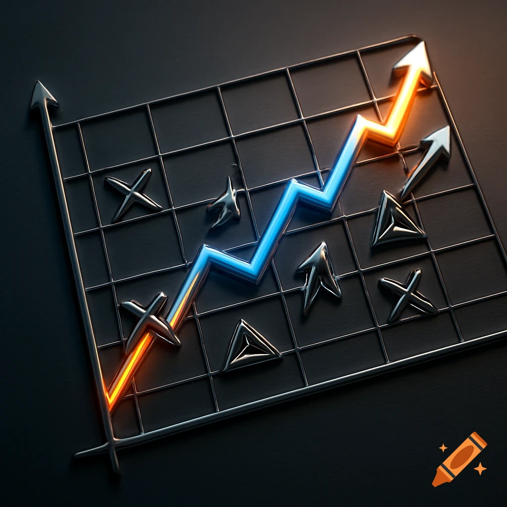 A stylized 3D line chart with a glowing orange and blue line on a dark grid, surrounded by metallic X, arrow, and triangle symbols.