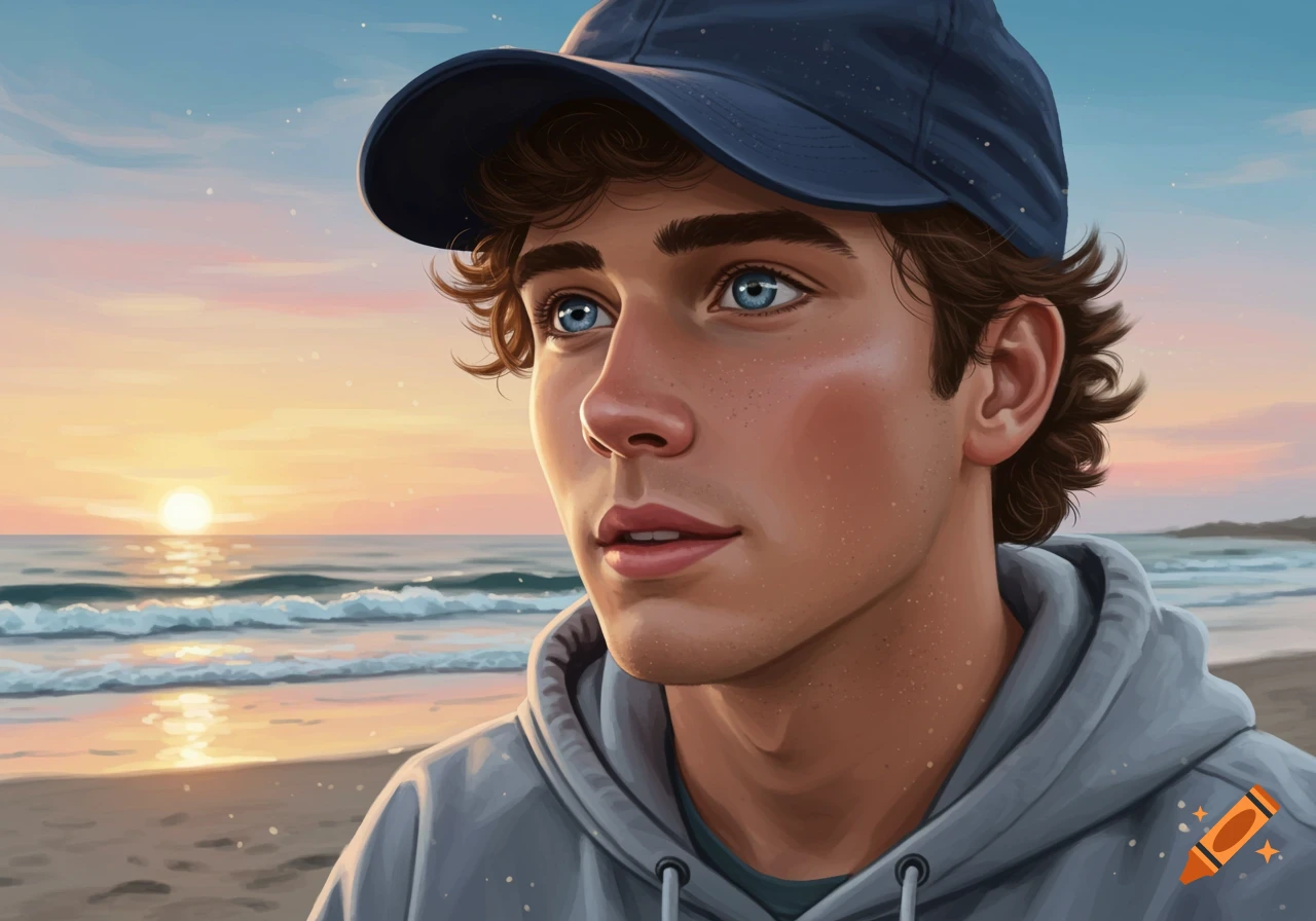Digital painting of a young man with brown hair and blue eyes wearing a cap and hoodie, looking towards the ocean at sunset.