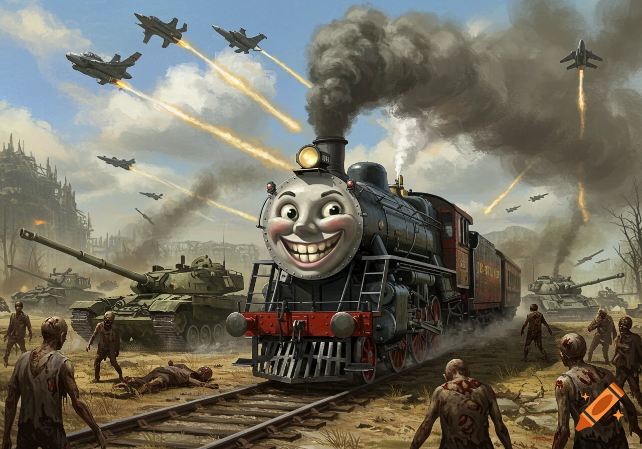 Smiling Thomas the Tank Engine leading a train through a battlefield with tanks, jet fighters, and zombies, under missile fire.