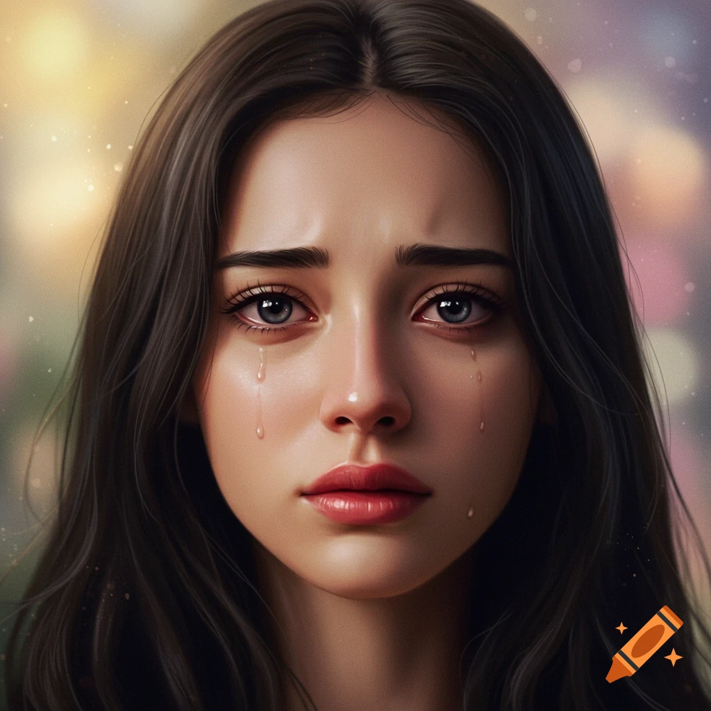 Close-up photorealistic portrait of a woman with dark hair crying, with tears running down her cheeks.