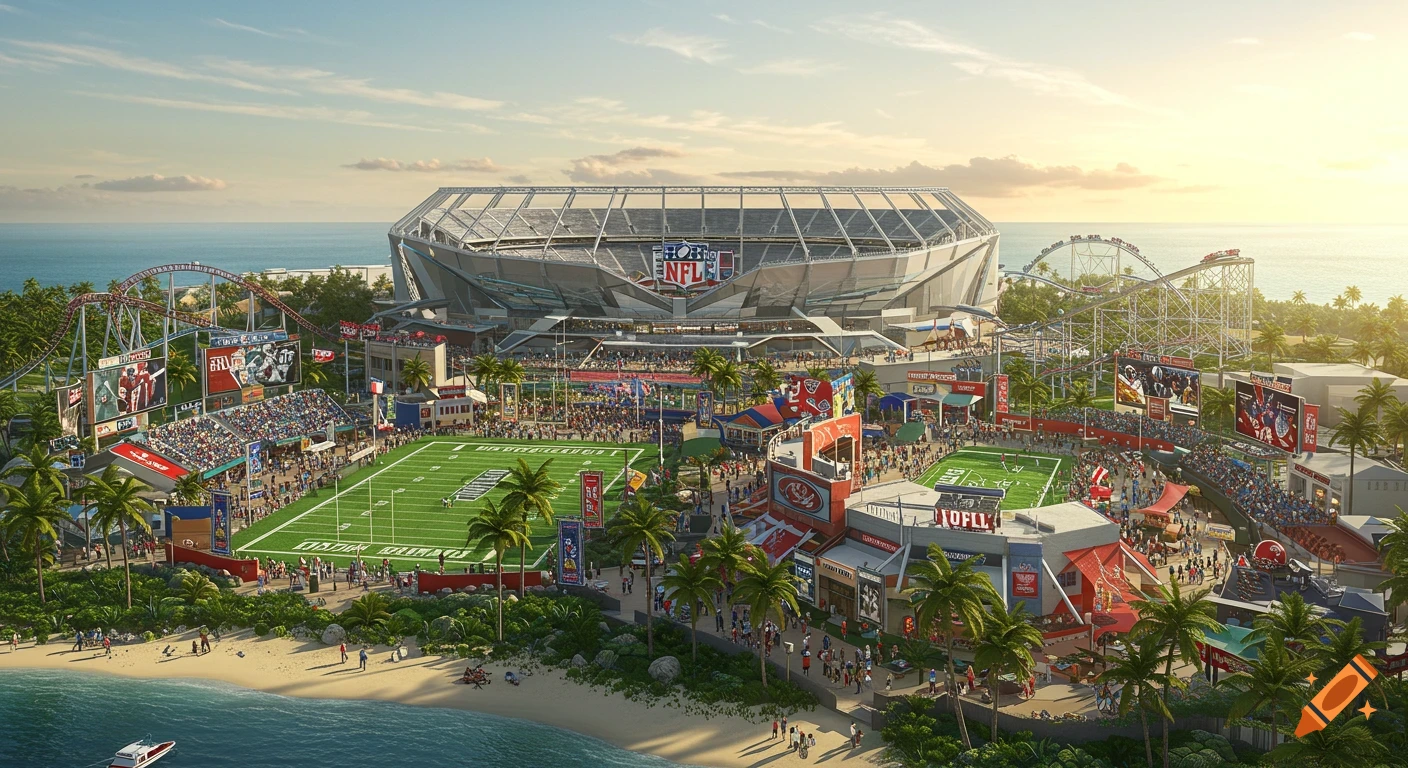 A 3D depiction of a large NFL theme park on a tropical island with a stadium, roller coasters, and crowds by a sandy beach.