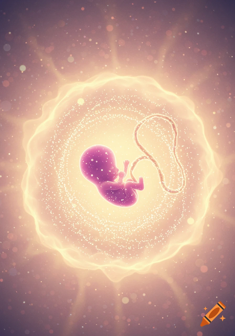A glowing, purple-hued fetus-like shape floats within a bright, ethereal, and sparkling womb-like environment.