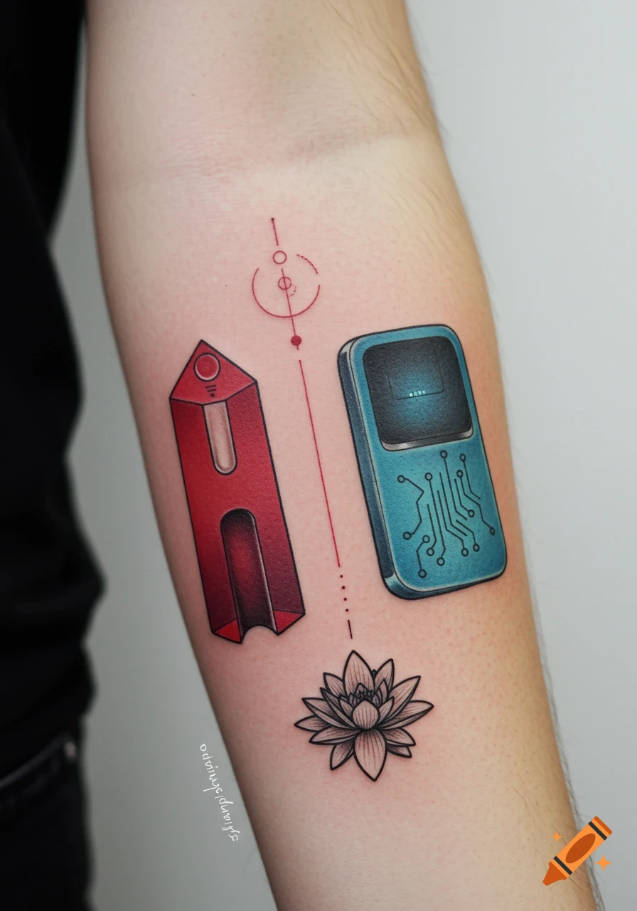 A colorful tattoo on an arm featuring a red geometric object, a blue electronic device with circuit patterns, and a lotus flower, connected by red lines.