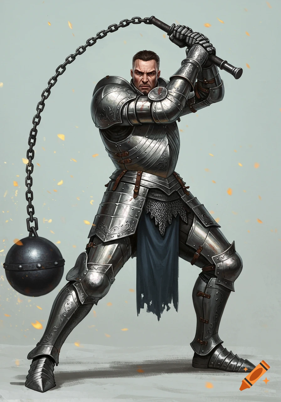 A male knight in full silver armor with a blue skirt, wielding a heavy ball and chain flail, against a light gray background with faint orange particles.