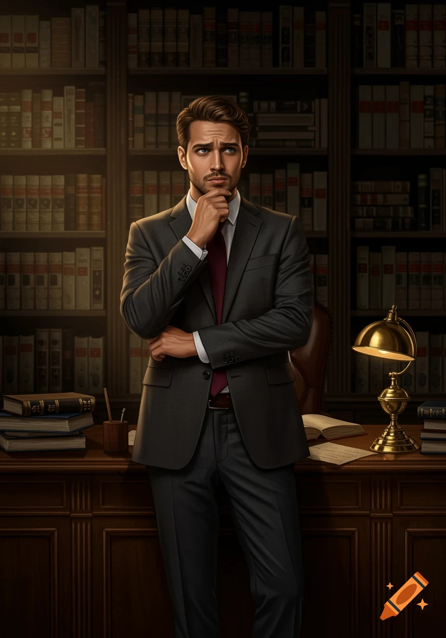 A photorealistic portrait of a handsome young man in a suit, standing thoughtfully in a library.