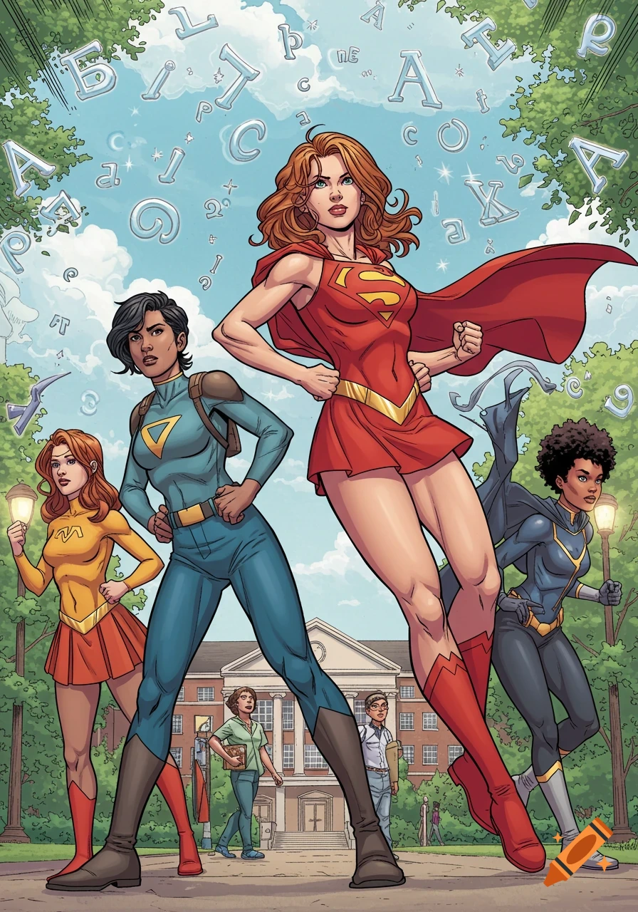 A comic book style illustration of four diverse female superheroes posing on a college quad with letters floating in the sky.
