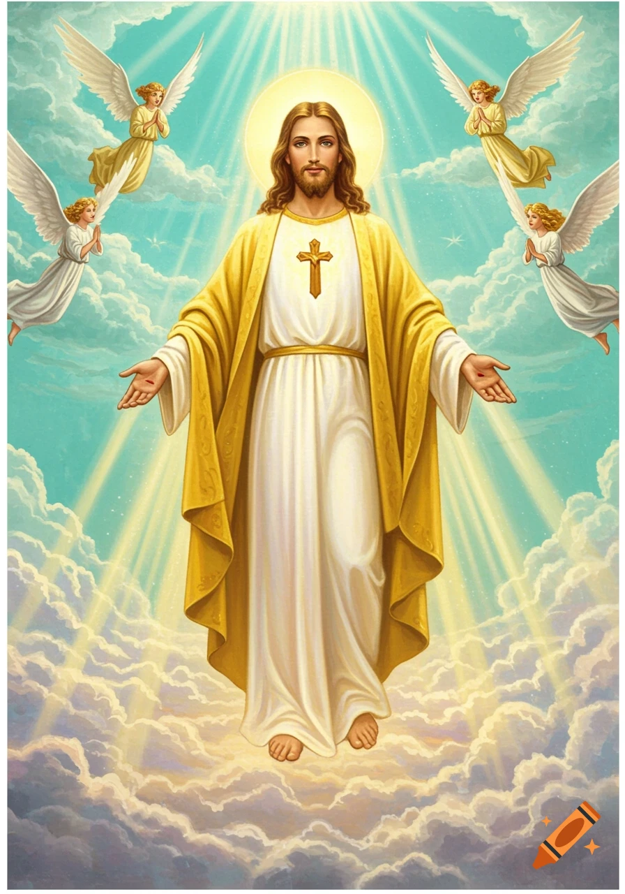 An illustration of Jesus standing on clouds with outstretched hands, bathed in divine light, surrounded by praying angels.
