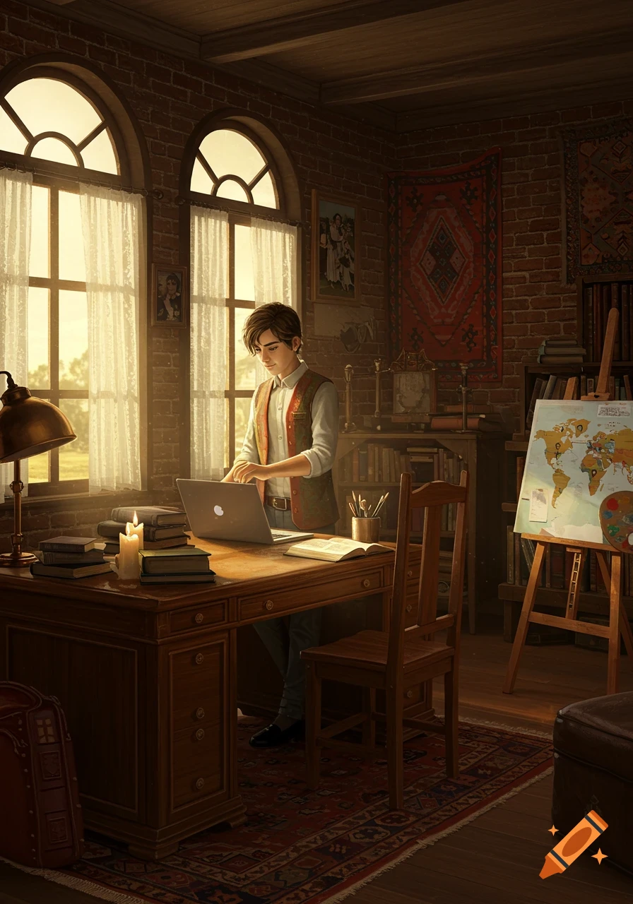 A young man in a cozy, sunlit study works on a laptop at a wooden desk, surrounded by books, a lamp, and a world map on an easel.