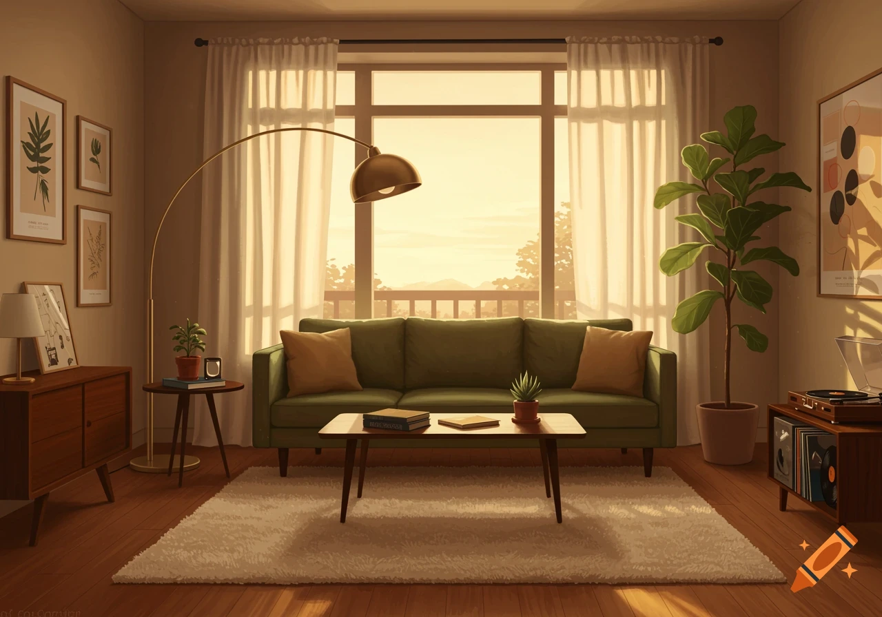 A warm, sunlit living room with a green sofa, white rug, wooden furniture, plants, and an arched floor lamp.
