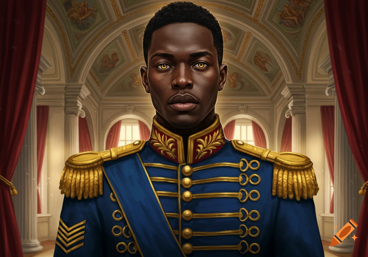 A photorealistic portrait of a young Black man with glowing golden eyes wearing a blue military officer's uniform in a grand hall.