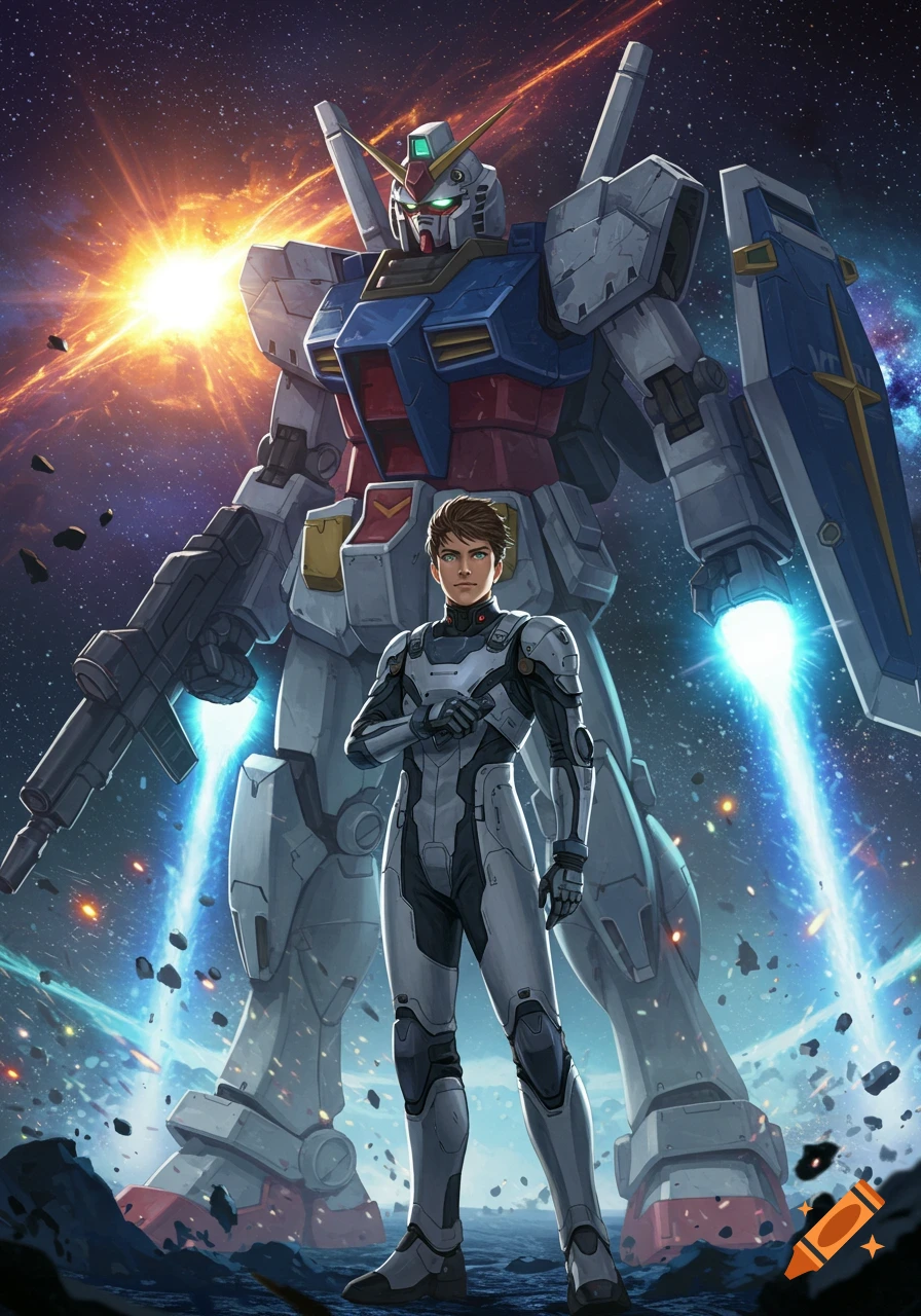 An anime-style image of a male pilot in a white suit standing in front of a large gray, blue, and red Gundam robot in space.