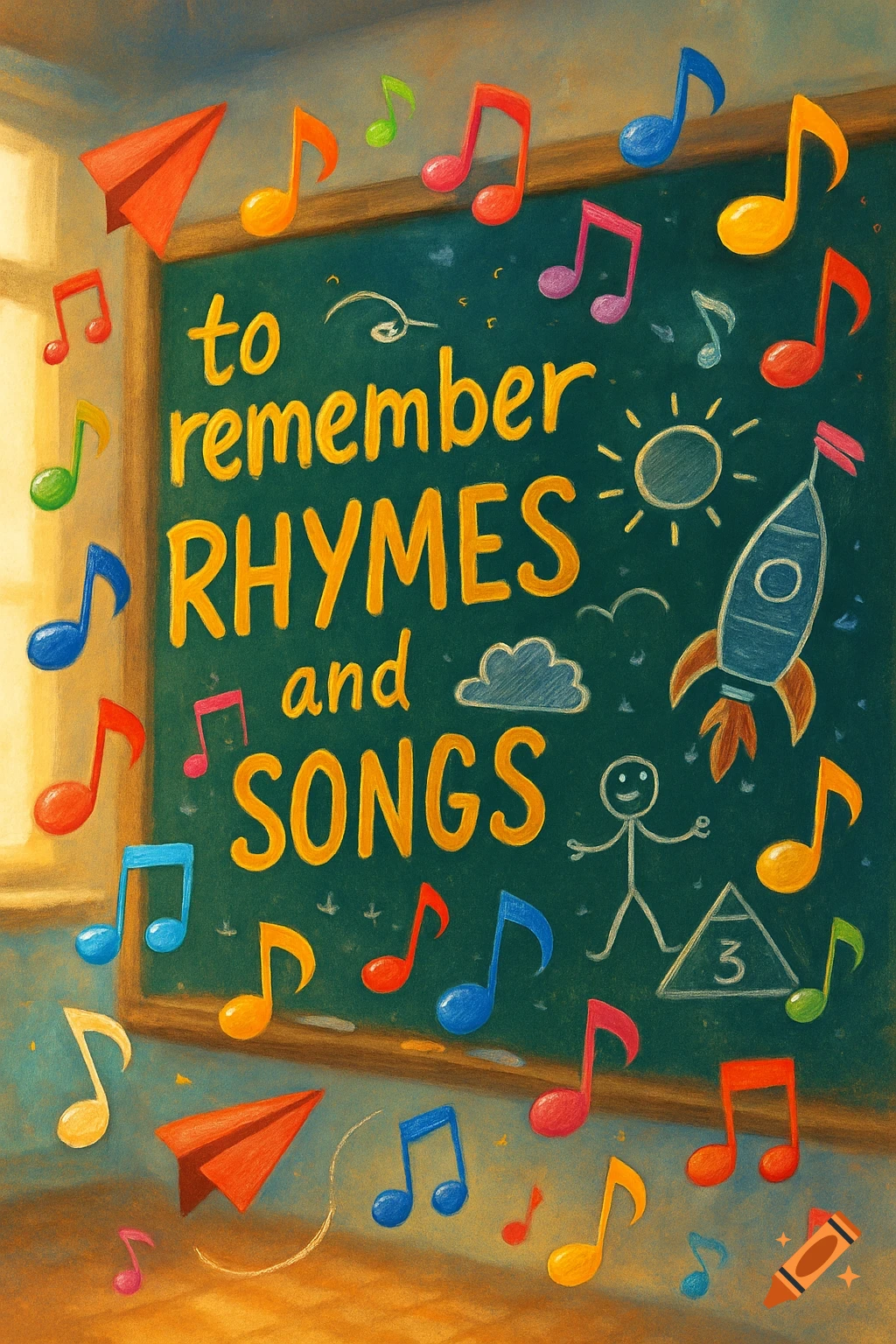 A colorful chalk illustration on a green chalkboard shows musical notes, a rocket, and "to remember RHYMES and SONGS" in yellow text.