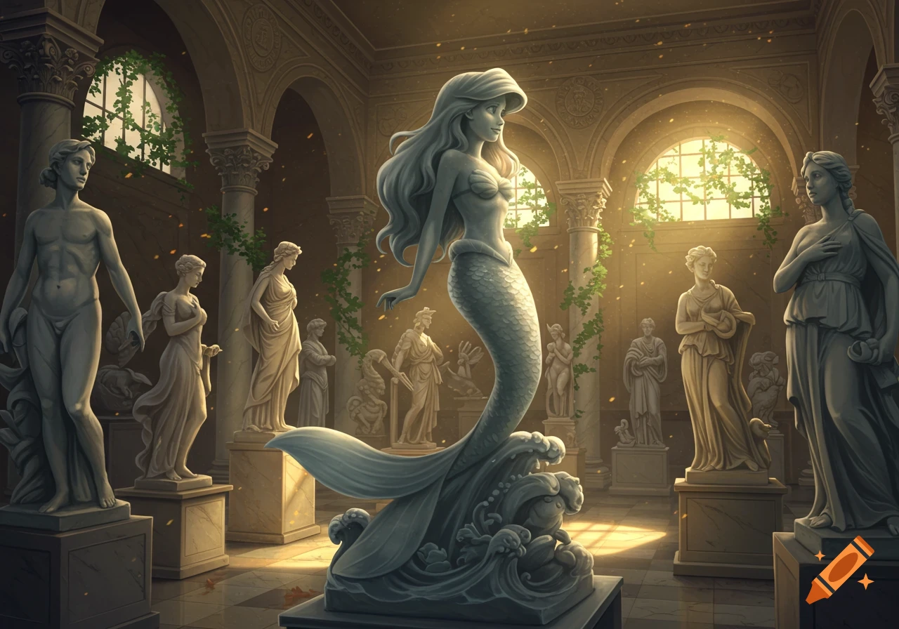 Ariel from The Little Mermaid as a statue in a classical museum hall, surrounded by other ancient sculptures bathed in golden light.