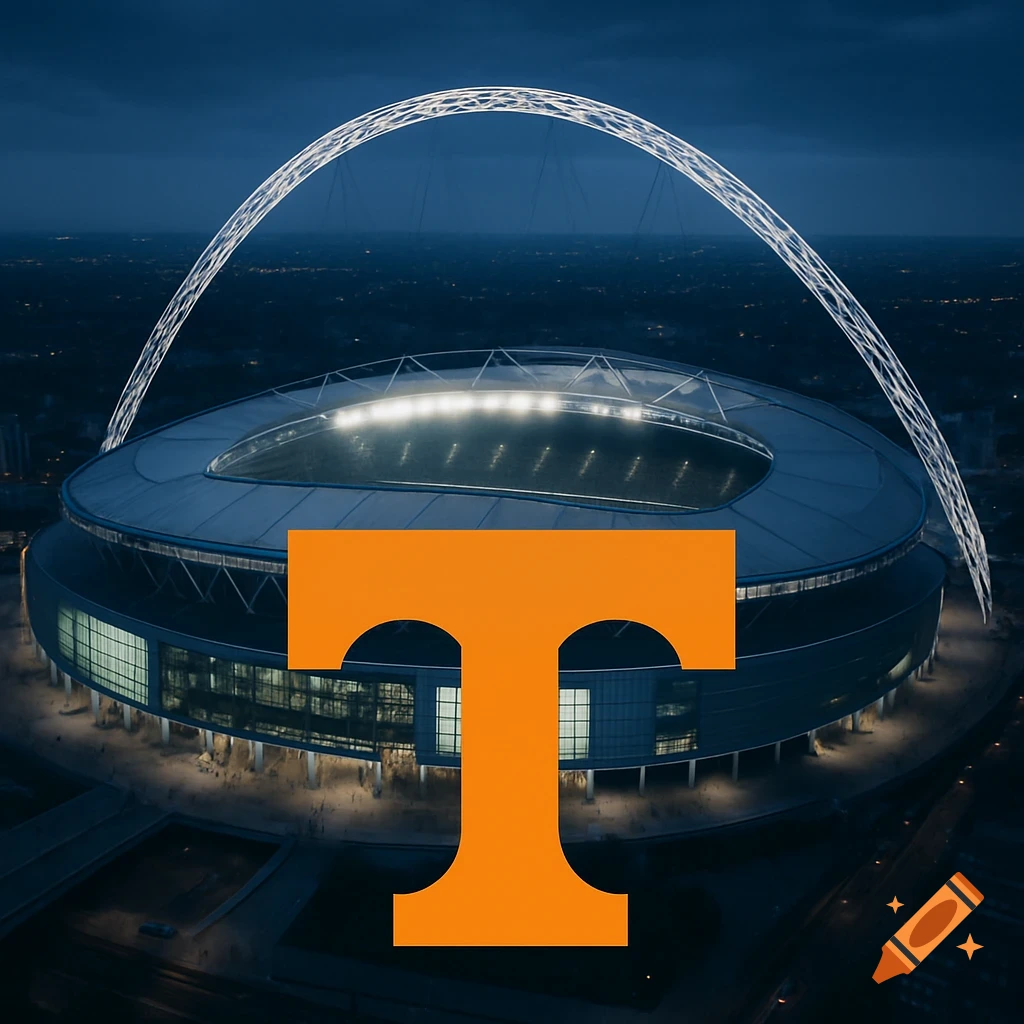 An orange University of Tennessee 'T' logo overlaid on Wembley Stadium at night, lit by spotlights.