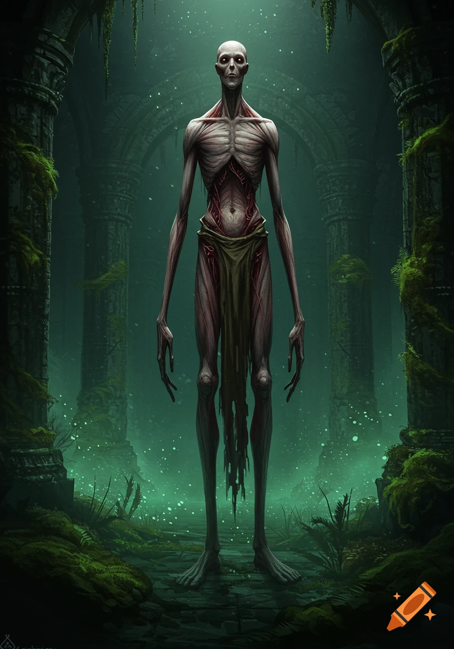 Tall, pale, gaunt creature with exposed muscles and a blank expression stands in mossy ancient ruins with a green, misty atmosphere.