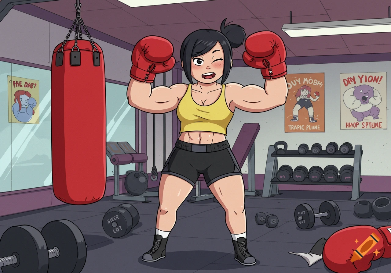A muscular female boxer with red gloves flexing her arms in a cartoon gym.