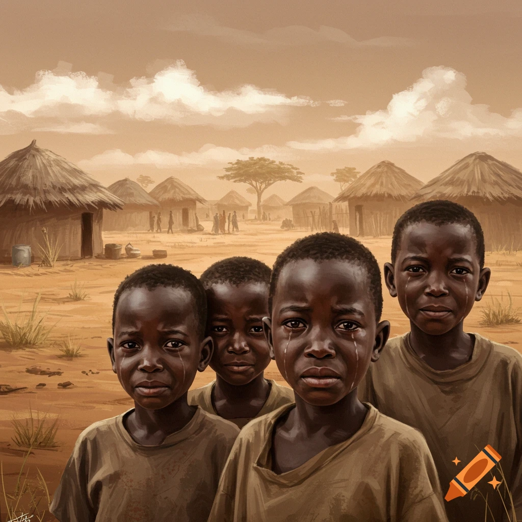 Illustration of several crying children in an African village, with thatched huts and a dusty landscape under a cloudy sky.