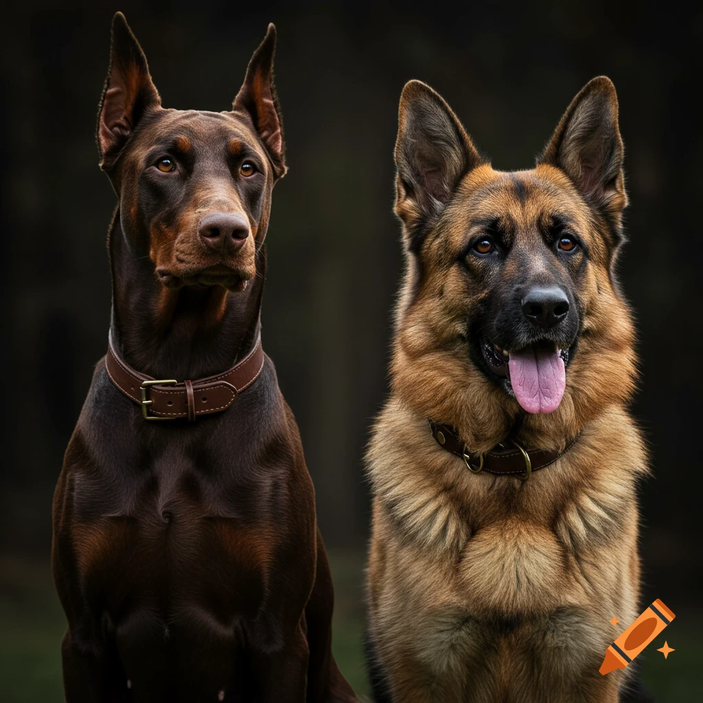 A photorealistic close-up portrait of a dark brown Doberman and a sable German Shepherd sitting side by side.