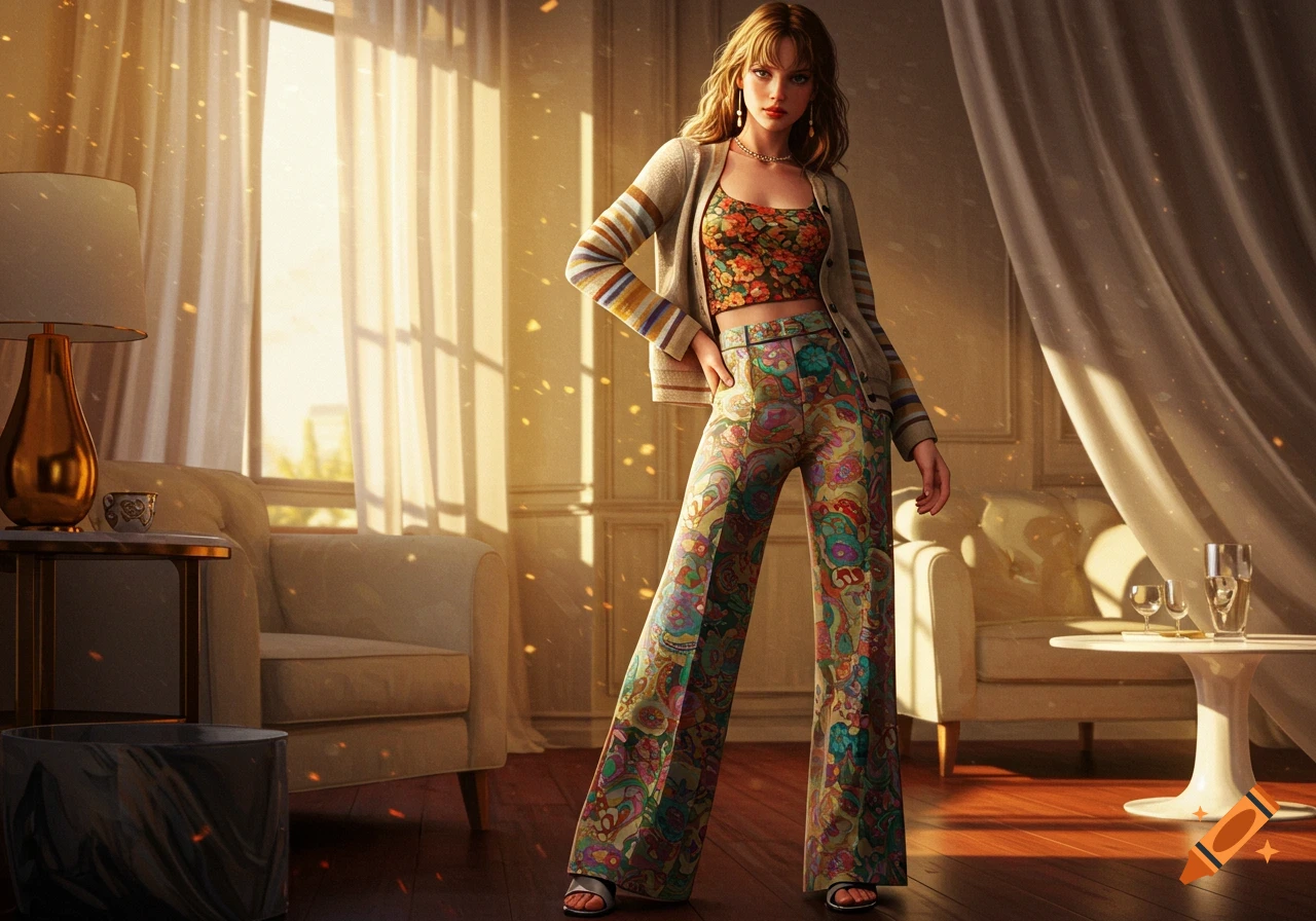 A woman in a floral crop top, patterned wide-leg pants, and striped cardigan stands in a sunlit room.