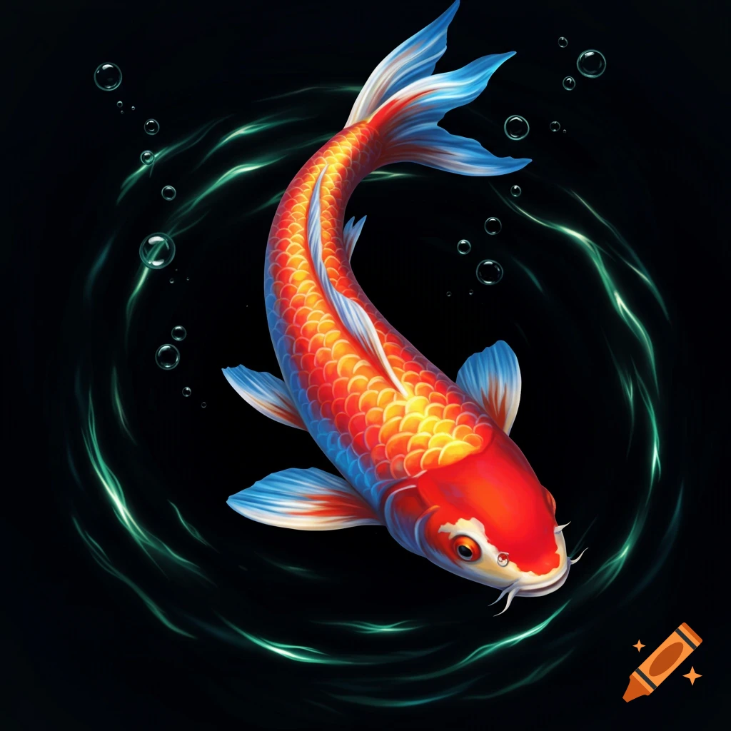 A vibrant red, orange, and blue koi fish swims in dark water with green glowing waves and bubbles.