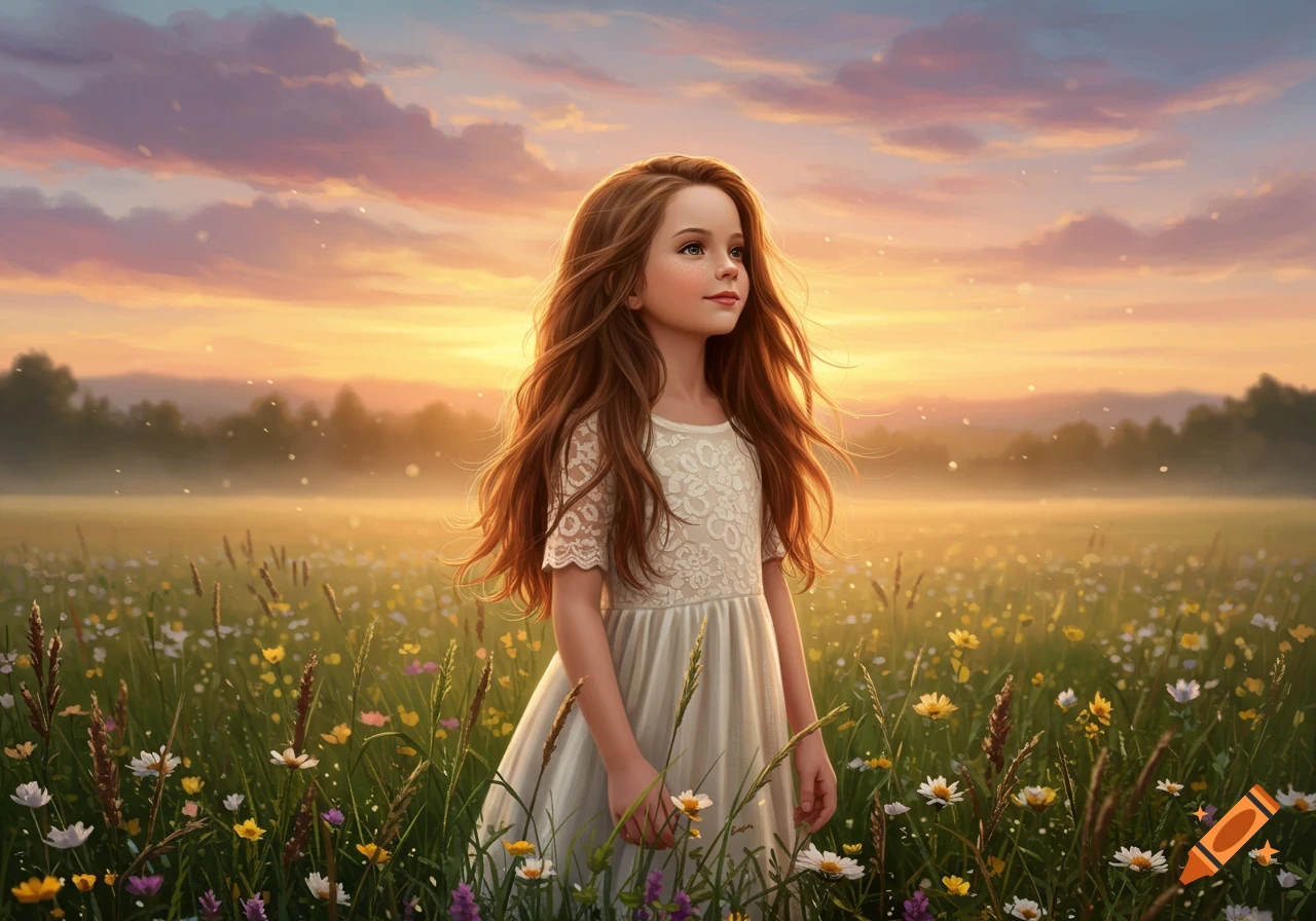 A young girl with long brown hair stands barefoot in a field of ...