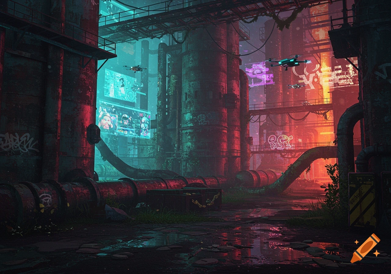A dimly lit, decaying industrial scene with large rusted pipes, glowing neon lights, holographic screens displaying unreadable text, and small drones flying overhead.