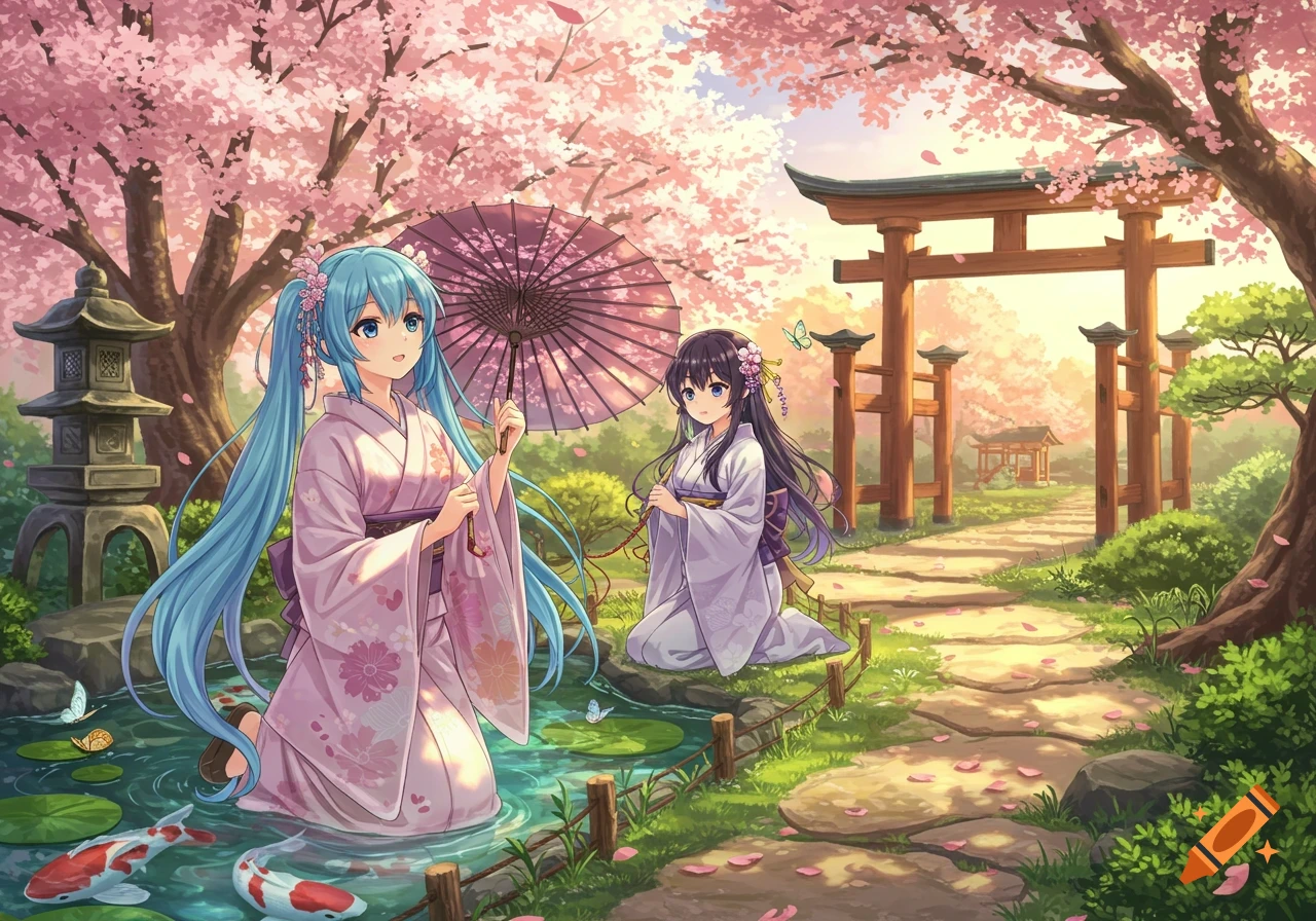 Two anime girls in kimonos in a Japanese garden with cherry blossoms, a pond with koi fish, and a torii gate.