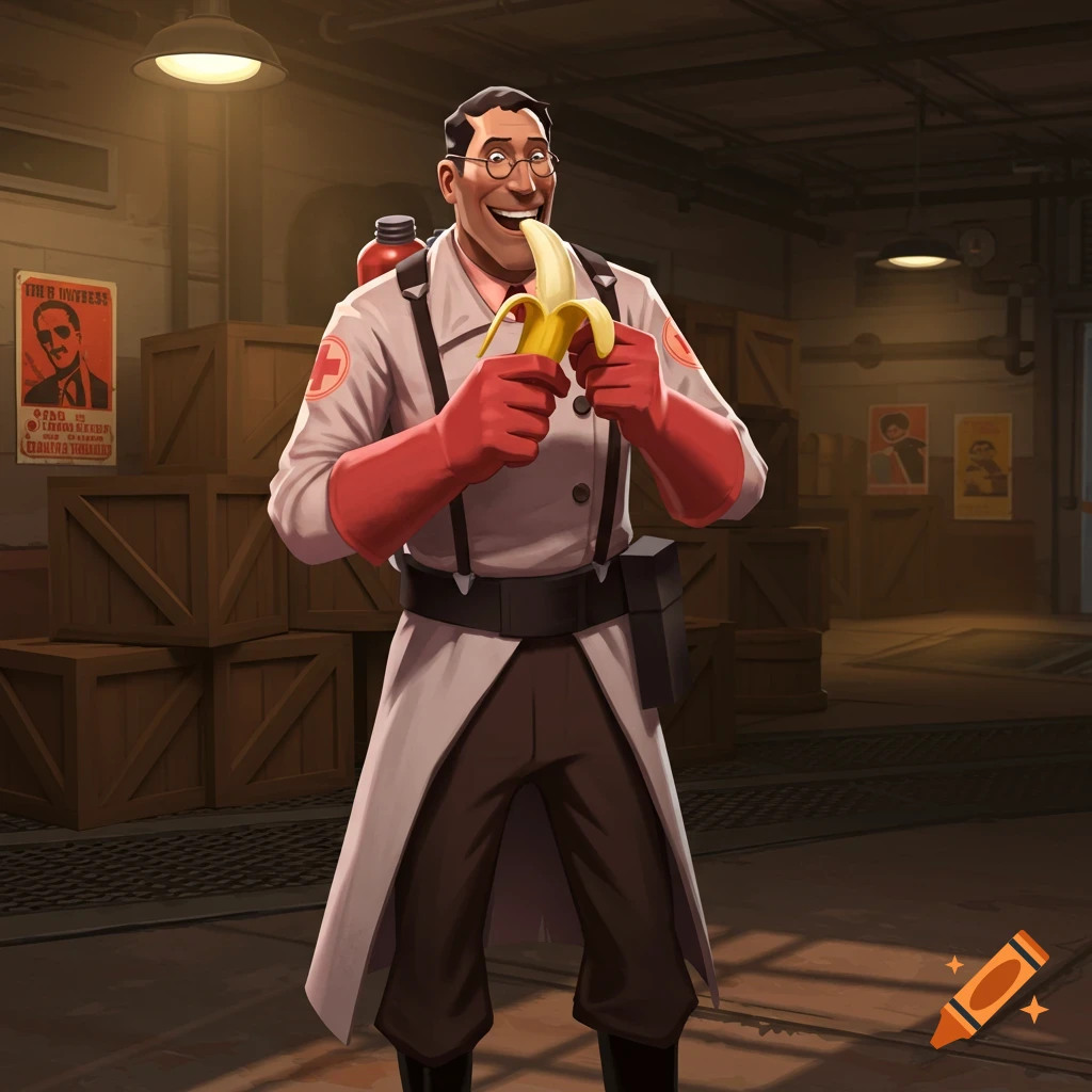 The Medic from Team Fortress 2, a man in a white lab coat and red gloves, smiles while eating a banana in a dimly lit warehouse setting.