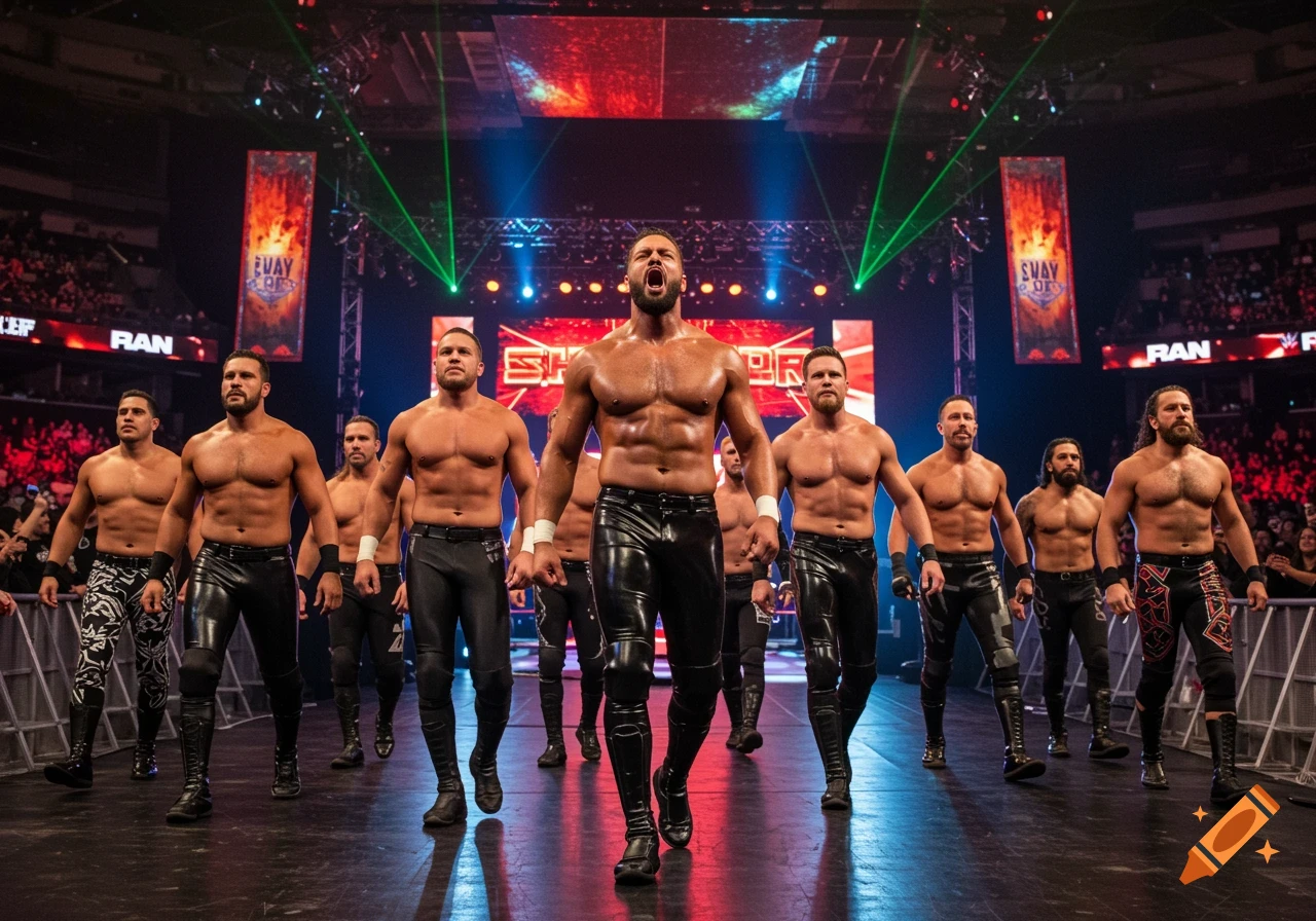 Muscular wrestlers in shiny pants walk purposefully into a brightly lit arena during a live event.