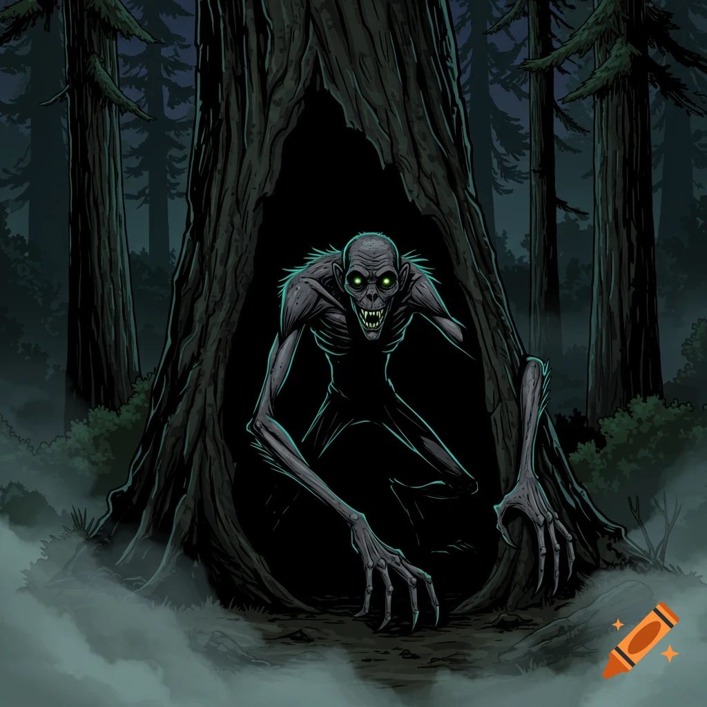 A gaunt, dark-skinned creature with glowing green eyes and sharp teeth emerges from a hollow tree in a dark, foggy forest in comic horror style.