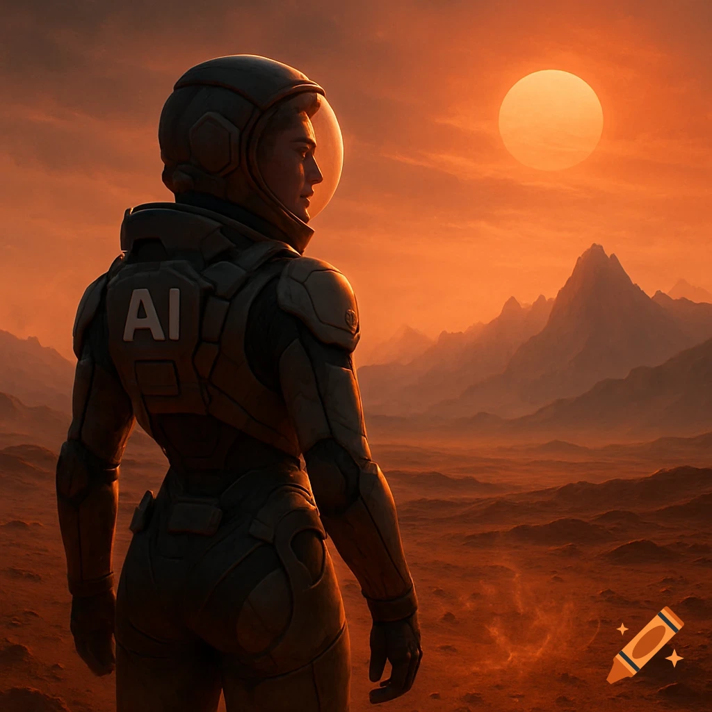 A female astronaut with 'AI' on her suit stands on Mars, looking at the red, mountainous landscape and large sun.