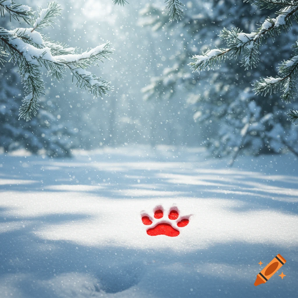 A vibrant red paw print stands out in fresh, falling snow within a sunlit winter forest scene.