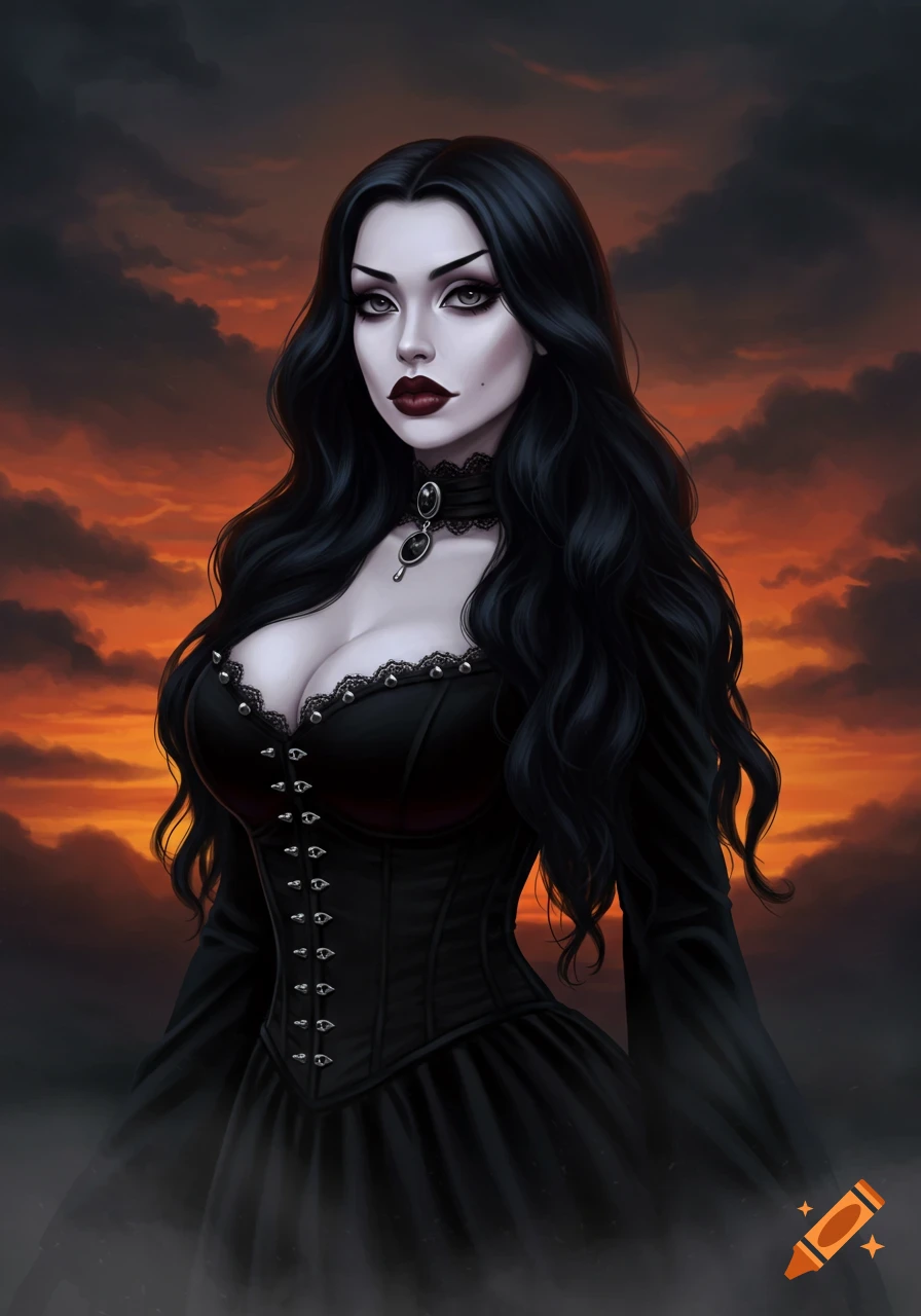 A gothic woman with long black hair and pale skin wearing a black corset against an orange sky.