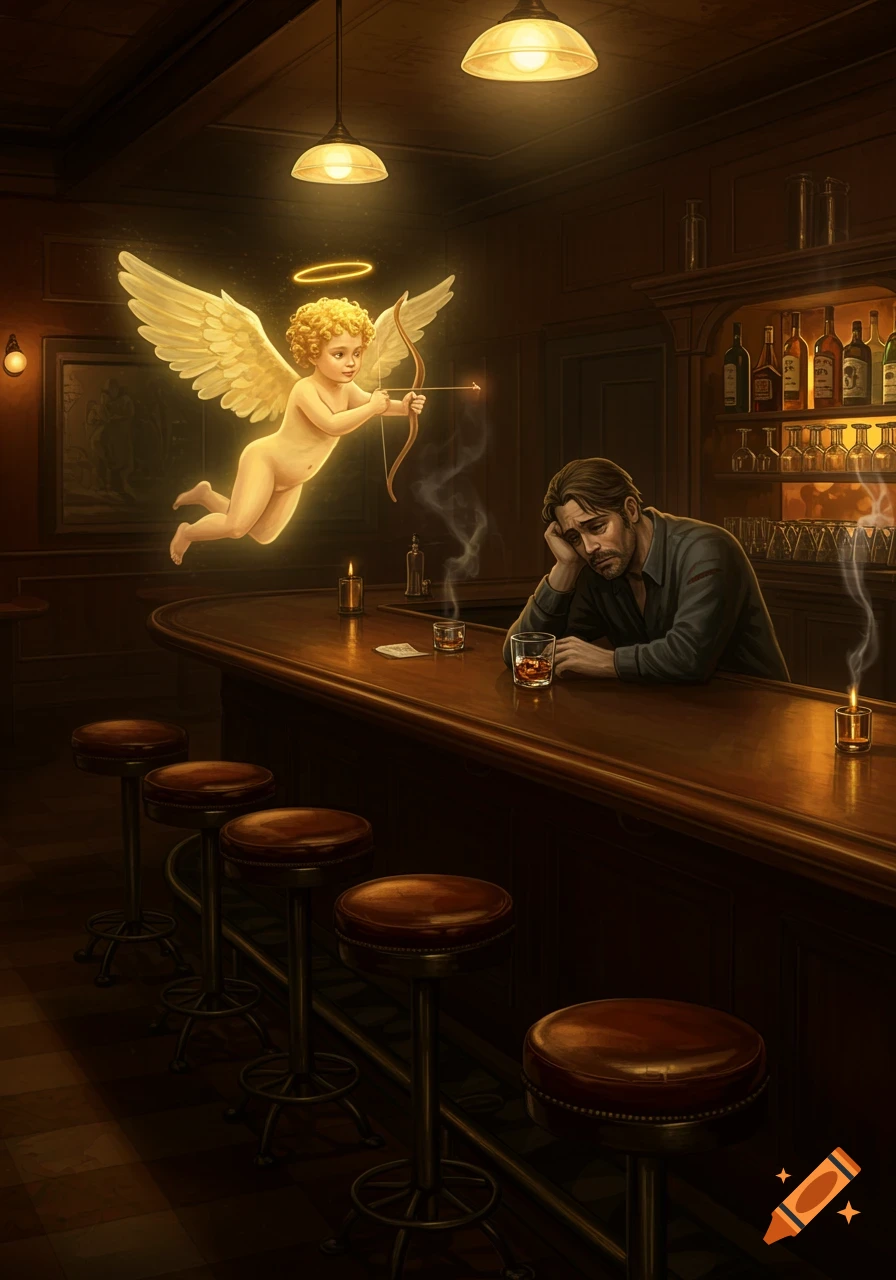 A glowing Cupid aims an arrow at a sad man sitting at a dark, atmospheric bar in a digital painting style.