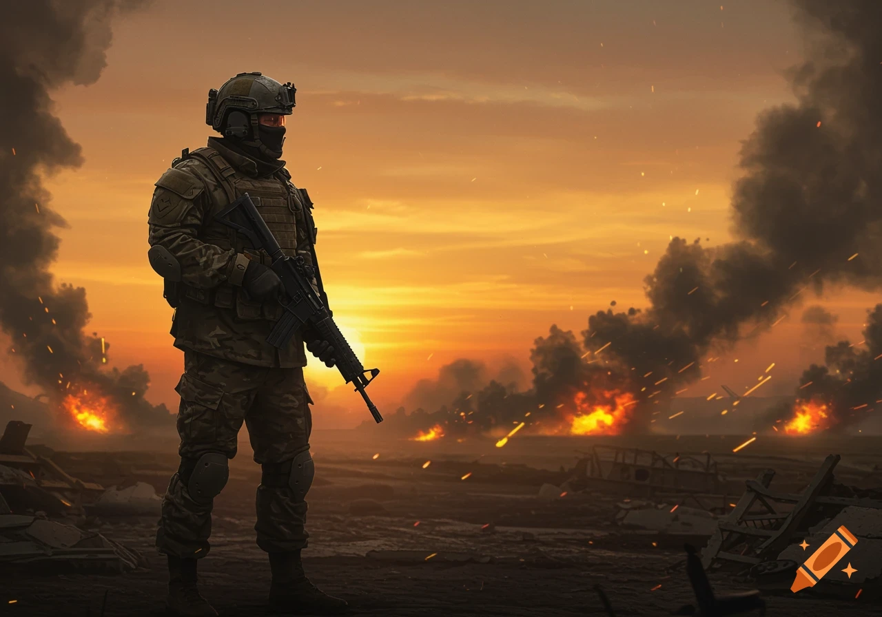 A soldier in full gear stands in a war-torn landscape with fires and smoke under an orange sky.