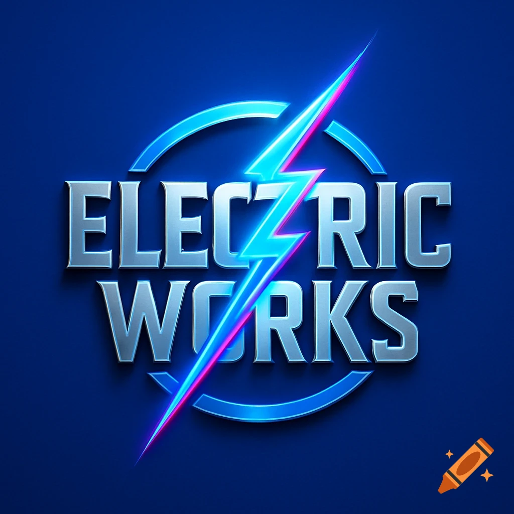Metallic 'ELECTRIC WORKS' logo with a neon blue and pink lightning bolt, on a dark blue background.