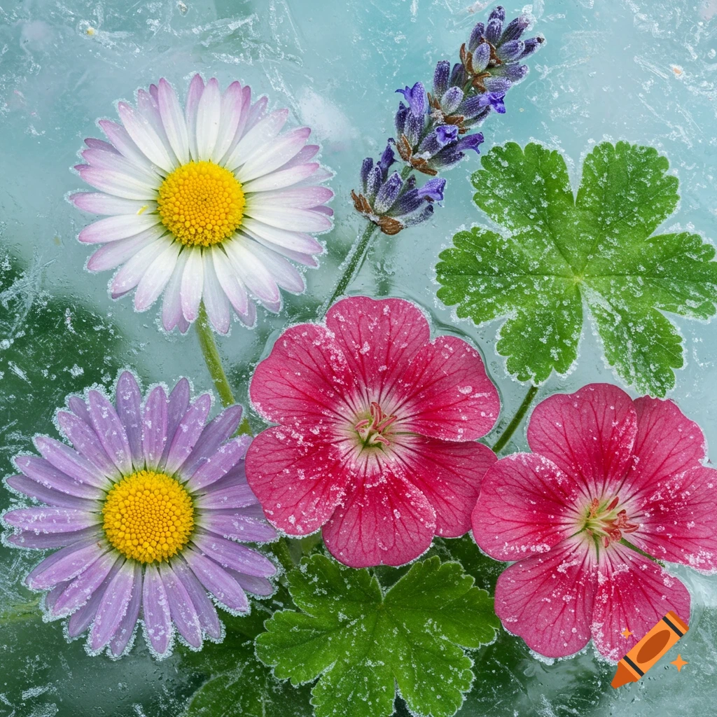 A close-up view of colorful daisy, lavender, geranium flowers, and clover leaves frozen in a sheet of ice.