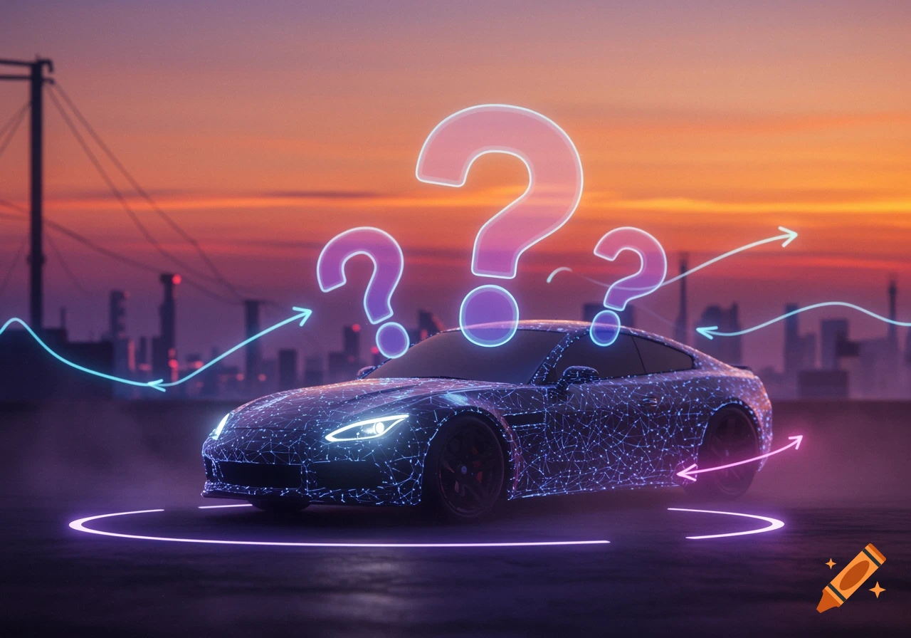 A futuristic car covered in glowing blue lines, with large neon pink question marks and energy flows against a sunset city skyline.