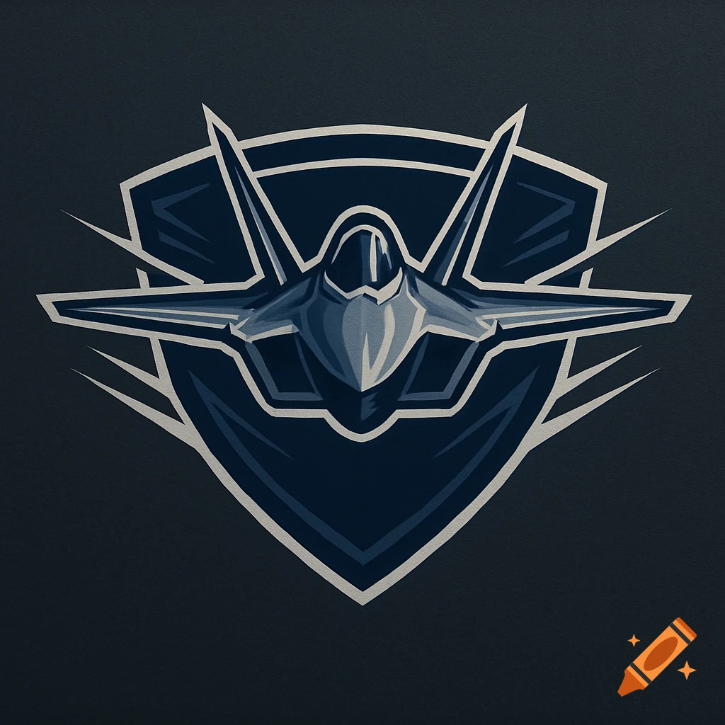 Stylized blue and white logo of an F-22 Raptor fighter jet in a shield emblem.
