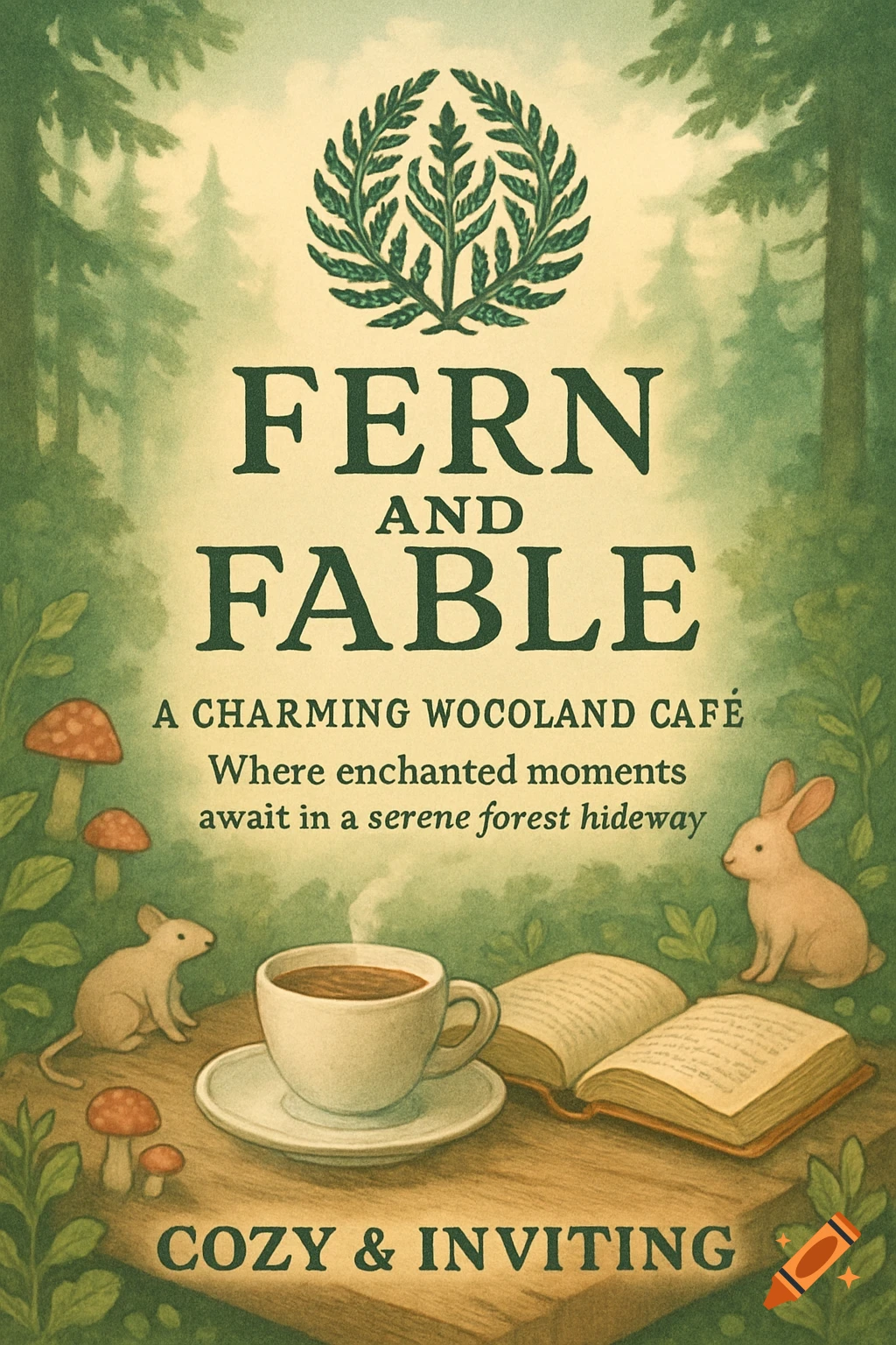 Vintage-style poster for 'Fern and Fable' cafe with a coffee cup, mouse, rabbit, mushrooms, and trees in a forest setting.