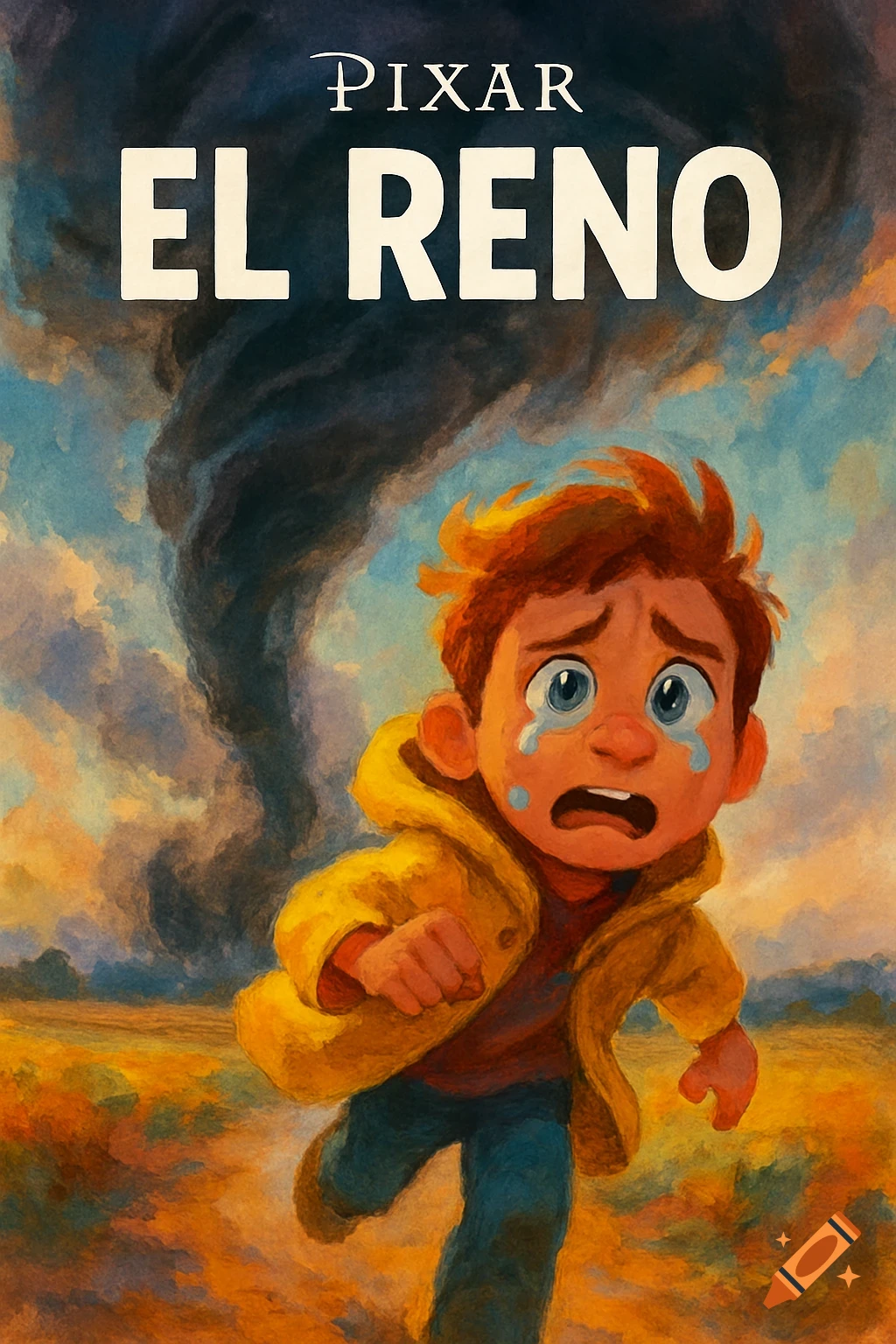 A Pixar movie poster titled "EL RENO" shows a crying cartoon boy running from a large dark tornado under a dramatic, cloudy sky.
